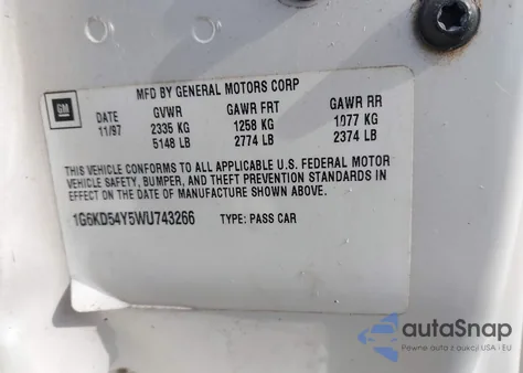 1998 Cadillac Deville Standard z USA, uszkodzony, nr VIN 1G6KD54Y5WU743266